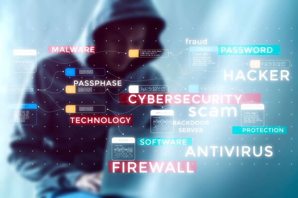 Shadowy image of a person wearing dark clothes. Overlaid with text saying words such as Malware, Cybersecurity, Technology, Hacker, password, antivirus and firewall